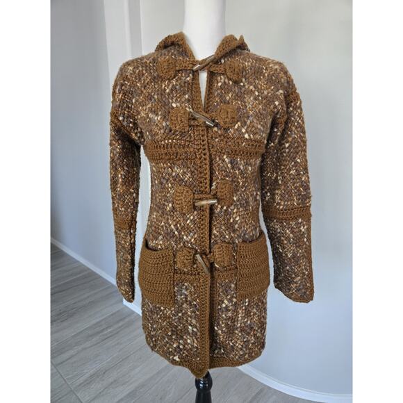 Vintage Boho Crocheted Hooded Sweater Cardigan Grandma Square Handmade Sz M/L - Picture 9 of 13